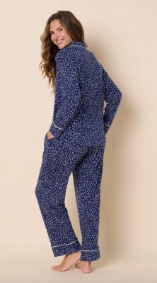 The Cat's Pajamas Women's Confetti Dot Pima Knit Cotton Classic Pajama Set in Navy