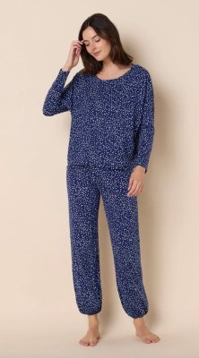 The Cat's Pajamas Women's Confetti Dot Pima Knit Cotton Pullover Lounge Set in Navy