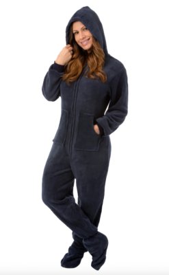 Big Feet Pajamas Adult Navy Plush Hooded One Piece Footy