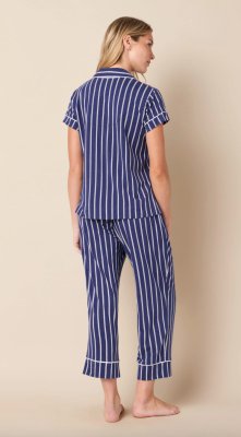 The Cat's Pajamas Women's Navy Heritage Stripe Pima Knit Cotton Capri Pajama Set