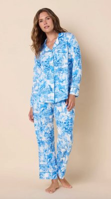 The Cat's Pajamas Women's Palm Grove Toile Pima Knit Cotton Classic Pajama Set in Blue
