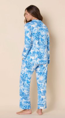 The Cat's Pajamas Women's Palm Grove Toile Pima Knit Cotton Classic Pajama Set in Blue