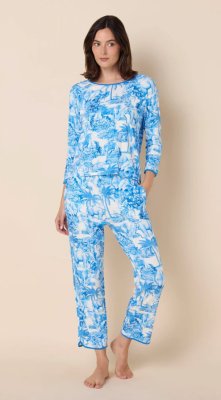The Cat's Pajamas Women's Palm Grove Toile Pima Knit Cotton Simple Set in Blue