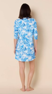The Cat's Pajamas Women's Palm Grove Toile Pima Knit Cotton Long Sleeve Sleepshirt in Blue