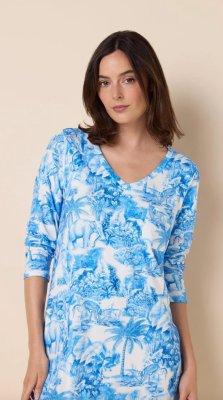 The Cat's Pajamas Women's Palm Grove Toile Pima Knit Cotton Long Sleeve Sleepshirt in Blue