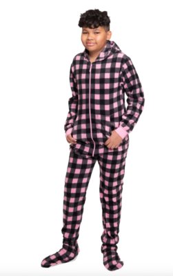 Big Feet Pajamas Kids Pink & Black Buffalo Plaid Fleece Hooded One Piece Footy