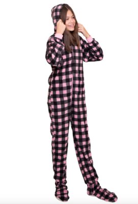 Big Feet Pajamas Kids Pink & Black Buffalo Plaid Fleece Hooded One Piece Footy