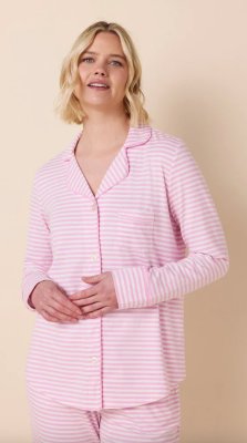 The Cat's Pajamas Women's Essential Stripe Pima Knit Cotton Classic Pajama Set in Pink Moment