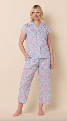 The Cat's Pajamas Women's Pink Palms Please Voile Cotton Capri Pajama Set