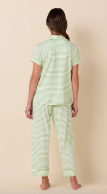 The Cat's Pajamas Women's Essential Stripe Pima Knit Cotton Capri Pajama Set in Pistachio