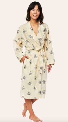 The Cat's Pajamas Women's Queen Bee Flannel Shawl Collar Robe in Honey