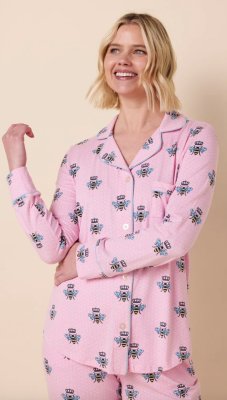 The Cat's Pajamas Women's Queen Bee Pima Knit Cotton Classic Pajama Set in Pink