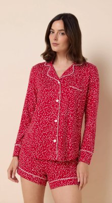 The Cat's Pajamas Women's Red Confetti Dot Pima Knit Cotton Long Sleeve Short Set