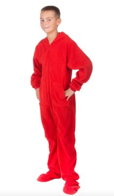 Big Feet Pajamas Kids Red Fleece Hooded One Piece Footy