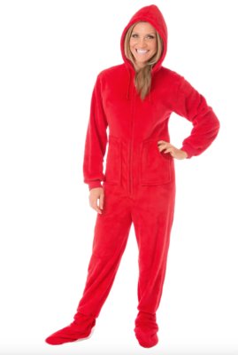 Big Feet Pajamas Adult Red Plush Hooded One Piece Footy