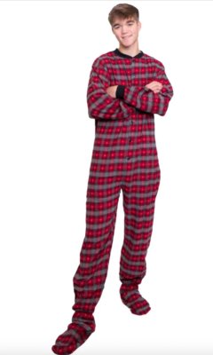 Big Feet Pajamas Adult Red Plaid Flannel with Hearts One Piece Footy