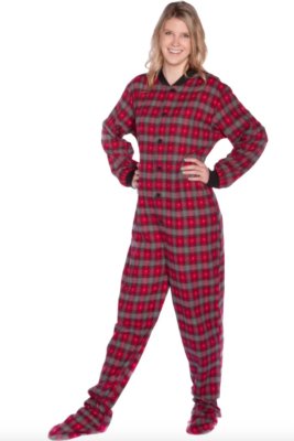 Big Feet Pajamas Adult Red Plaid Flannel with Hearts One Piece Footy