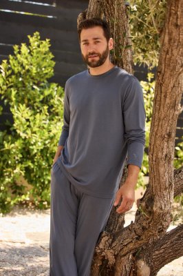 The Cat's Pajamas Men's Classic Pima Knit Cotton Pullover Lounge Set in Steel Blue