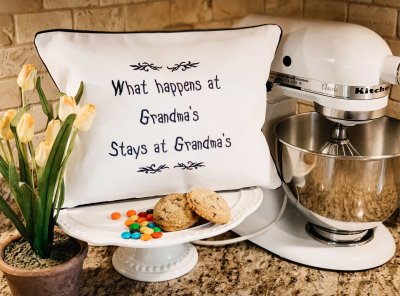 "What Happen's At Grandma's..." White Embroidered Gift Pillow